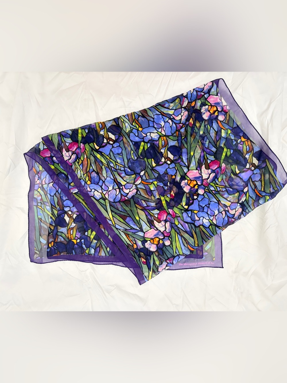 Vintage Floral Stained-Glass Silk Scarf in Purple and Blue